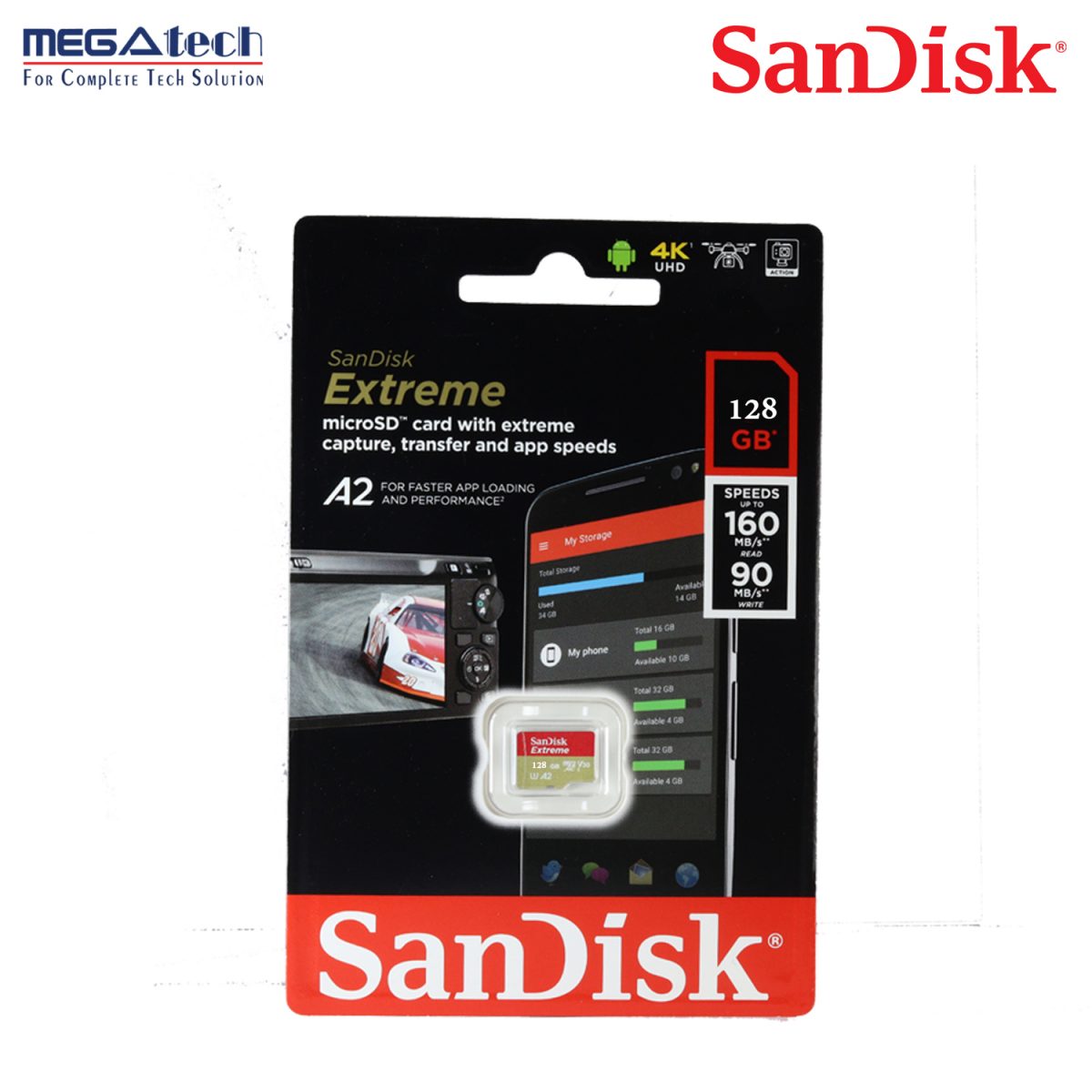 SanDisk 128GB Extreme microSDXC UHS-I Memory Card – Up to 160MB/s, C10, U3, V30, 4K, A2
